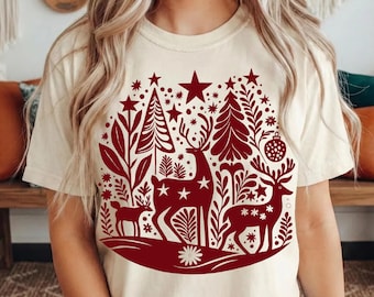 Comfort Colors Christmas Reindeer Shirt, Nordic Folk Art Tee, Scandinavian Block Print Deer T-Shirt, Holiday Woodland Deer Tshirt