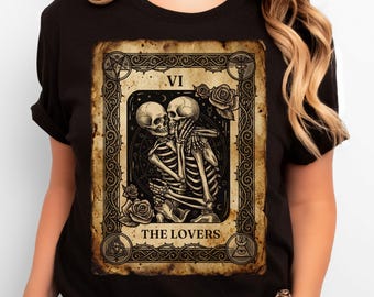 Gothic Kissing Skeletons Shirt, The Lovers Tarot Card Tee, Halloween Couple Tshirt, Spooky Goth Love Apparel, Dark Romance Tee