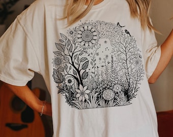 Comfort Colors Wildflower Shirt: Linocut Botanical T-shirt, Floral Cottagecore Tee, Block Print Flower Tshirt
