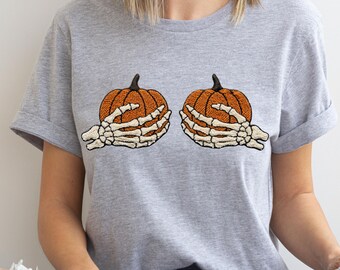 Funny Pumpkin Boobies Shirt, Skeleton Hands Tshirt, Sarcastic Halloween T-Shirt, Thanksgiving Boobs Apparel, Fall Faux Embroidery Tee