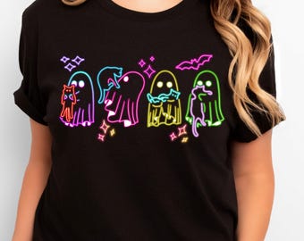 Neon Ghost & Cat T-Shirt, Fall Ghost Tee, Neon Halloween Shirt, Kids Spooky Season Outfit