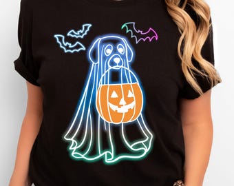 Neon Ghost Dog T-Shirt: Halloween Pumpkin Tee, Spooky Neon Animal Shirt, Fall Puppy Gift