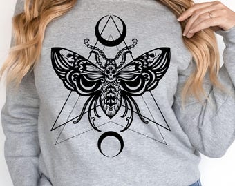 Death Moth Sweatshirt, Gothic Moon Shirt, Celestial Witch Crewneck, Witchy Occult Hoodie, Mystical Moth Outfit