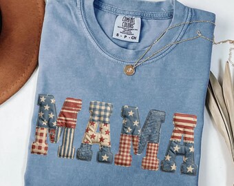 USA Flag Mama Comfort Colors T-Shirt, Retro American Mom Shirt, Patriotic Mama Gift Tee, Faux Patchwork Mother Shirt, Mommy To Be Apparel