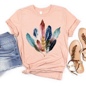 Boho Watercolor Feathers T-Shirt: Bird Lover Gift, Feather Bouquet Tee, Fairycore Nature Shirt image 4