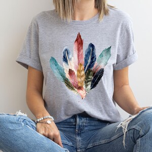 Boho Watercolor Feathers T-Shirt: Bird Lover Gift, Feather Bouquet Tee, Fairycore Nature Shirt image 3