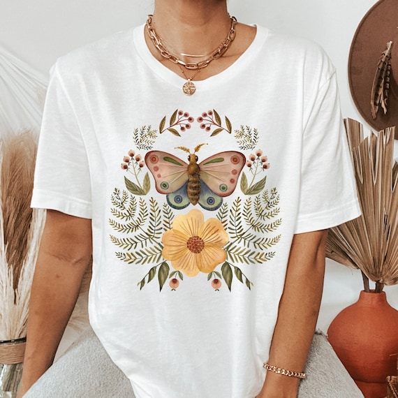 Floral Moth T-Shirt: Cottagecore Butterfly Garden Tee, Boho Flower Butterfly Shirt, Watercolor Insect Outfit