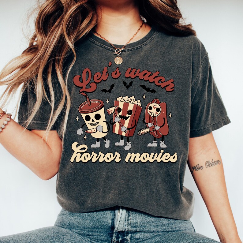 Let's Watch Horror Movies Comfort Colors T-Shirt, Scary Movie Killers Tee, Horror Nights Shirt image 2