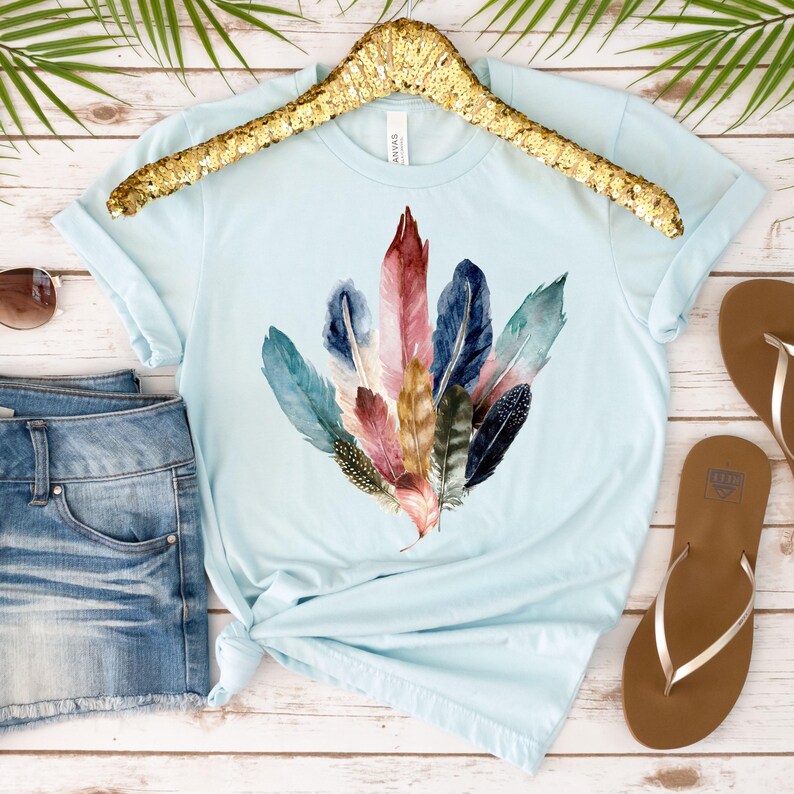 Boho Watercolor Feathers T-Shirt: Bird Lover Gift, Feather Bouquet Tee, Fairycore Nature Shirt image 6
