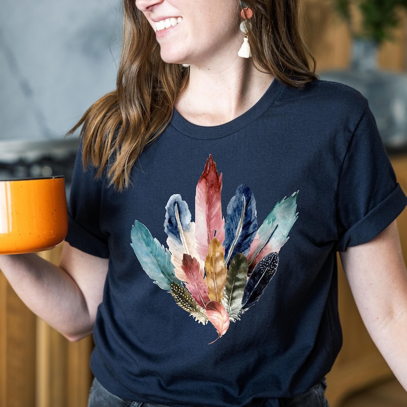 Boho Watercolor Feathers T-Shirt: Bird Lover Gift, Feather Bouquet Tee, Fairycore Nature Shirt image 5