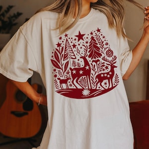 Comfort Colors Christmas Reindeer Shirt, Norwegian Folk Art Deer Shirt, Scandinavian Christmas Shirt, Block Print Deer Tee, Nordic Hygge Top