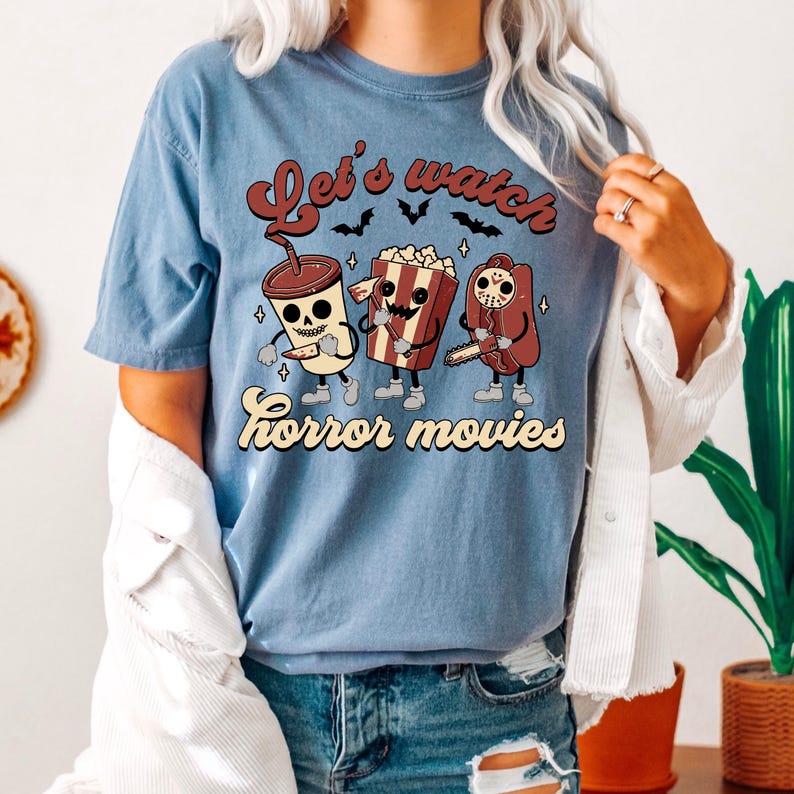 Let's Watch Horror Movies Comfort Colors T-Shirt, Scary Movie Killers Tee, Horror Nights Shirt image 4