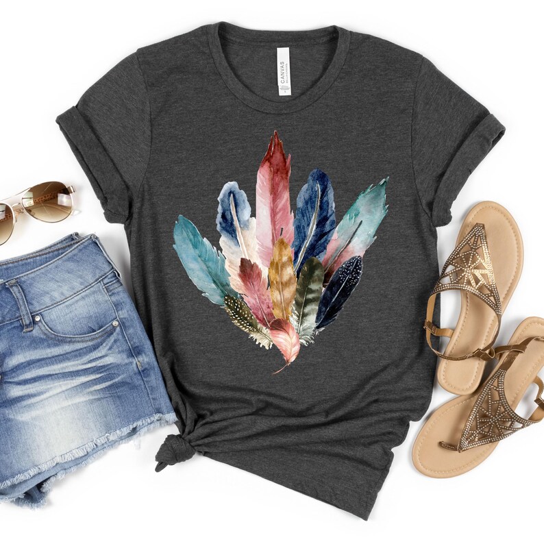 Boho Watercolor Feathers T-Shirt: Bird Lover Gift, Feather Bouquet Tee, Fairycore Nature Shirt image 12