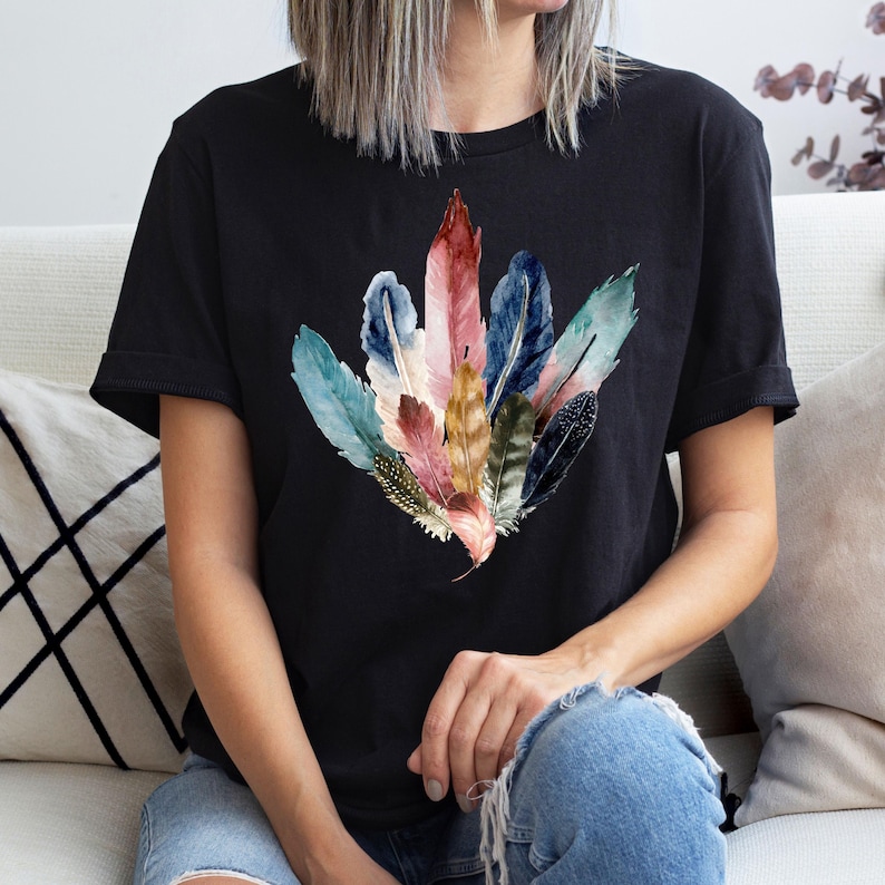 Boho Watercolor Feathers T-Shirt: Bird Lover Gift, Feather Bouquet Tee, Fairycore Nature Shirt image 2