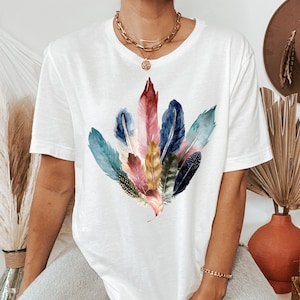 Boho Watercolor Feathers T-Shirt: Bird Lover Gift, Feather Bouquet Tee, Fairycore Nature Shirt image 1