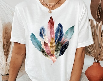 Boho Watercolor Feathers T-Shirt: Bird Lover Gift, Feather Bouquet Tee, Fairycore Nature Shirt