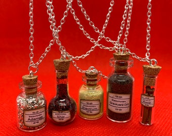 ShadowHunters Necklace: Silver Bottle Pendant - Magical Substances Ingredients Adamas, Ichor, Electrum inspired