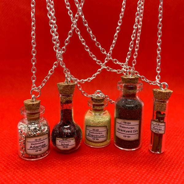 ShadowHunters inspired [ Magical Substances Bottle ] Pendant Necklace (Adamas Ichor Electrum Graveyard Dirt Rowan) Mortal Instruments Corked