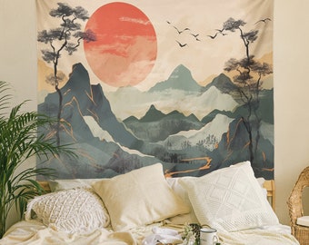 Bergtapijt, Boho wandtapijten, minimalistische Japanse muurkunst, rode zonsondergang poster, muur opknoping voor woonkamer/slaapkamer/college slaapzaal