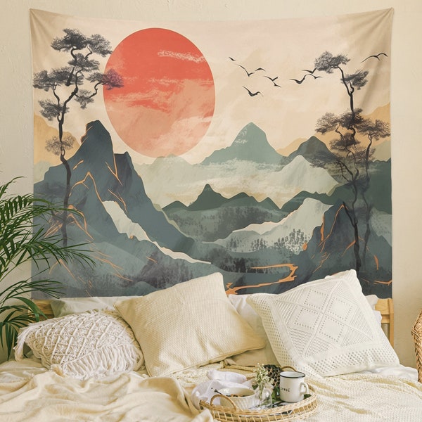 Bergtapijt, Boho wandtapijten, minimalistische Japanse muurkunst, rode zonsondergang poster, muur opknoping voor woonkamer/slaapkamer/college slaapzaal