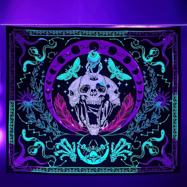 Black Light Tapestry, Skull Wall Hanging, Death Moth Mandala, Psychedelic Skeleton Wall Tapestry, Trippy Cute Snake Decor for Bedroom,Dorm