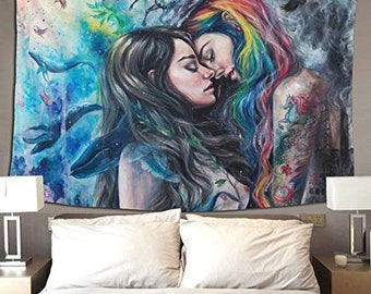 Lesbian Kiss Romantic LGBT Tapestry , Girls Kissing , Rainbow Hair , Girlfriend Lesbian Gift, Love Wallpaper , Wall Hanging, Teens Bedroom