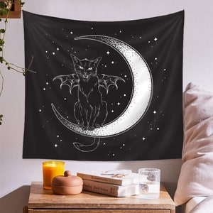 Black Cat Tapestry, Pagan Wall Hanging , Black and White Tapestry, Moon Phase Decor , Spiritual Goth Mandala ,Witchy Art for Living Room