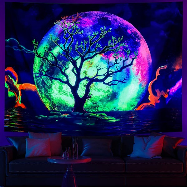 Tapisserie Fluorescente, Trippy Moon Tree of Life, Décor de Chambre Esthétique, Tapisserie Océan, Tapisserie Hippie UV Blacklight Psychédélique pour Chambre