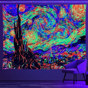 Van Gogh Starry Night UV Reactive Tapestry Print, Fluorescent Wall ...