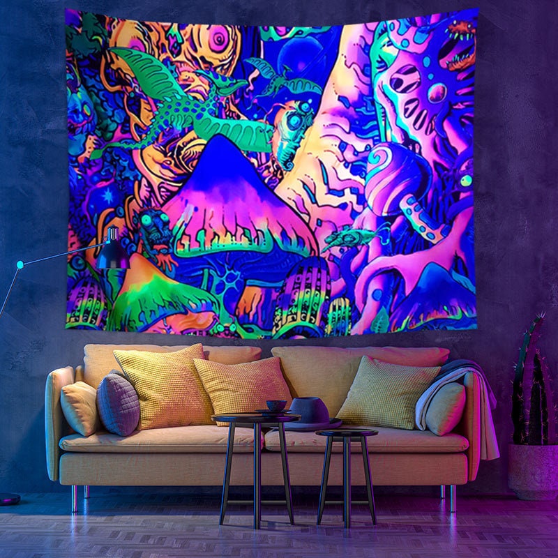 UV Black Light Tapestry psy Backdrop Trippy Mushroom Wall Hanging