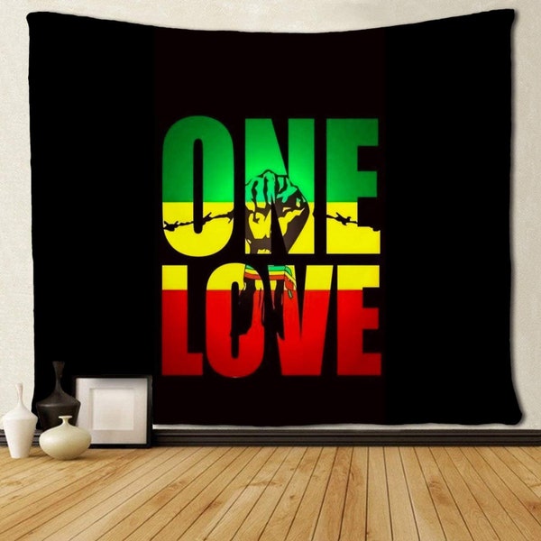 Reggae Music Slogan One Love , Rasta Tapestry, Rastafarian Wall Tapestry Bob Marley Wall Hanging, Hippie Rastas Wall Tapestry  Bedroom Dorm