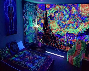 Van Gogh Starry Night Tapisserie UV Réactive, Tenture Murale Fluorescente, Glow in The Dark Blacklight Tapisserie pour Chambre, Salon