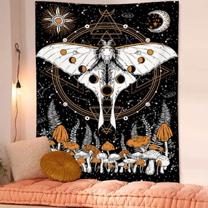 Moth Tapestry, Trippy Wall Hanging, Mushroom Tapestries ,Moon Phase Tapestry Celestial Stars Tapestry, Butterfly Art Décor , Goth Decor