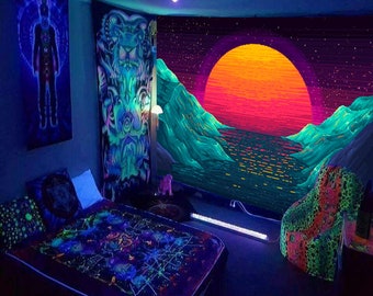 Vaporwave UV Blacklight Tapestry, Sun and Ocean Wall Hanging, Fluorescent Fractal Tapestry Nature Landscape Tapestries, for Living Room Dorm