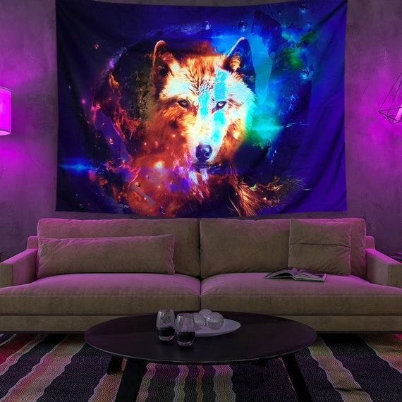 UV Black Light Tapestry fluorescent Wolf Wall Tapestry Goth