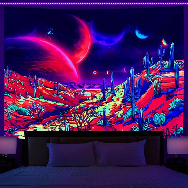 Blacklight Tapestry UV Reactive Space Wall Hanging, Fluorescent Tapestries , Psychedelic Fantasy Landscape Mandala For Backdrop Dorm Décor