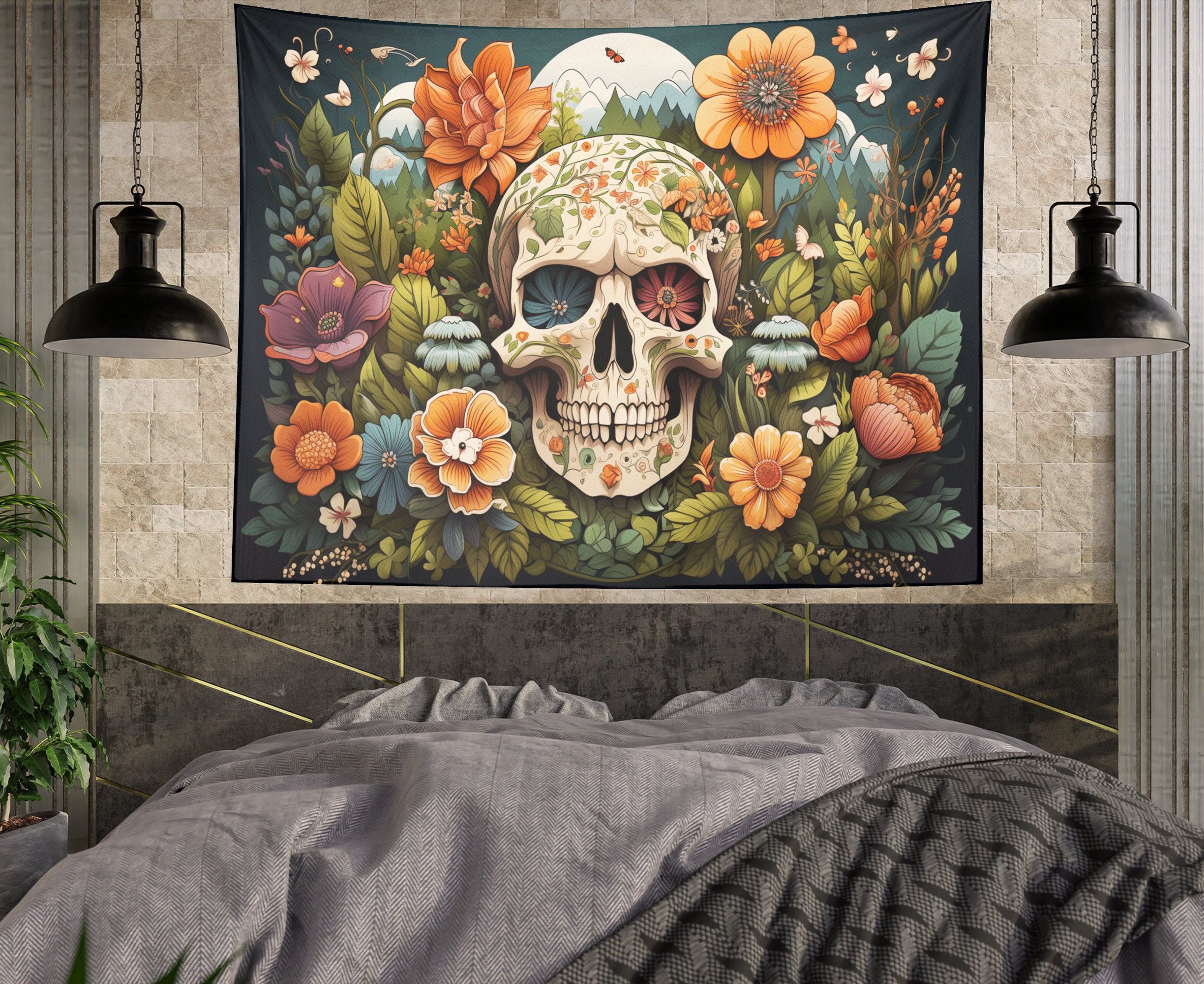 Skull Tapestry Floral Skull Tapestry Wall Hanging Tapestries Aesthetic Skeleton Art Floral Plant Flower Wall Tapestry for Dorm Living Room Etsy
