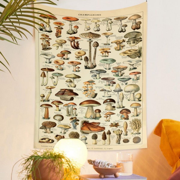 Mushroom Tapestry, Plant tapestry,  Botanical Vintage Tapestry , Herbs Tapestry, Champignons Chart Poster, Tapestries for Kitchen Bedroom