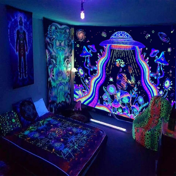 Fluorescent Tapestry Trippy Skeleton Wall Hanging UFO Black - Etsy ...