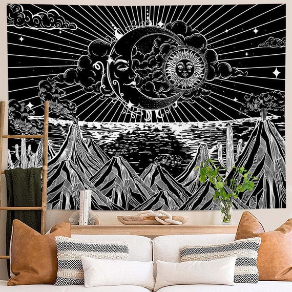 Sun and Moon Tapestry Mountain Tapestry Aesthetic Spiritual Stars Black and White Psychedelic Tapestry Wall Hanging Tapestries for Bedroom Etsy