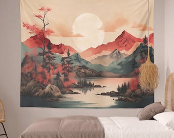 Tapisserie de montagne rouge, tapisseries de coucher de soleil, tenture murale Boho, tapisserie murale de paysage, tapisserie de nature de paysage pour salon/chambre à coucher