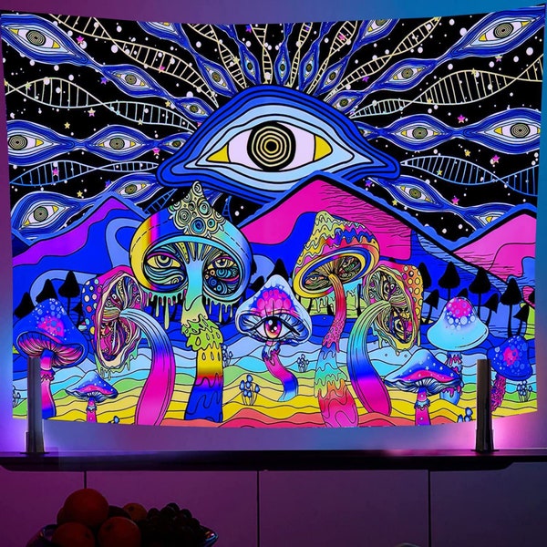 Blacklight Psychedelic Mushroom Tapestry ,  UV Reactive Trippy Mandala Wall Hanging, Fluorescent Moon and Stars, Fantasy Plants Décor, Dorm