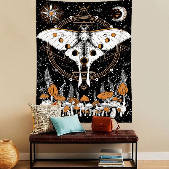 Moth Tapestry Trippy Wall Hanging Mushroom Tapestries moon Phase Tapestry Celestial Stars Tapestry Butterfly Art Decor Goth Decor Etsy
