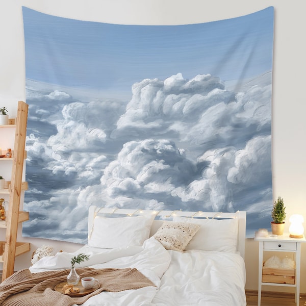 Tapisserie de ciel, soleil bleu ciel blanc nuages tenture murale, art mural serein, décor naturel de paysage de nature pour chambre à coucher salon dortoir