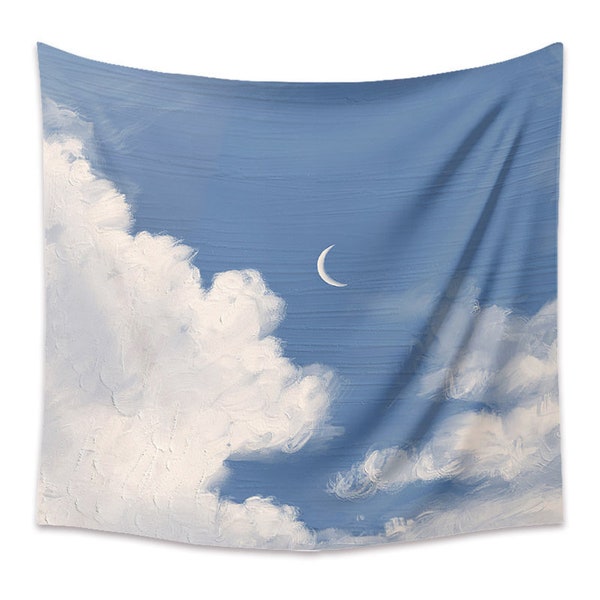 Moon and Clouds Backdrop, Landscape Tapestry, Blue Sky Wall Art, Oil Painting Print, Aesthetic Tapestry Bedroom ,Dorm