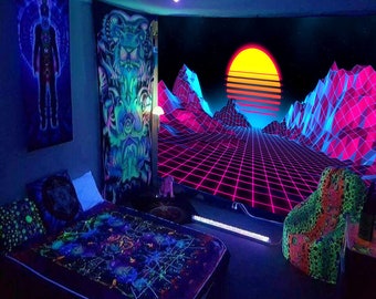 Blacklight Tapestry UV Reactive , Synthwave Fluorescent Tapestry, Sun Mountain Landscape Wall Hanging , Psychedelic Backdrop, Living Room