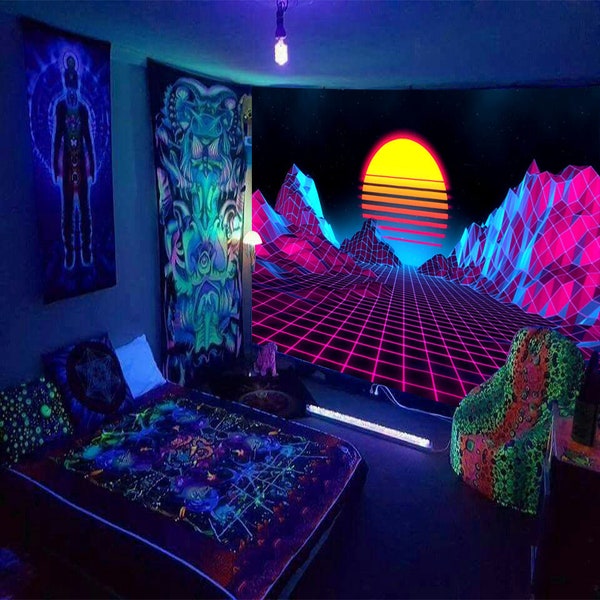 Blacklight Tapestry UV Reactive , Synthwave Fluorescent Tapestry, Sun Mountain Landscape Wall Hanging , Psychedelic Backdrop, Living Room