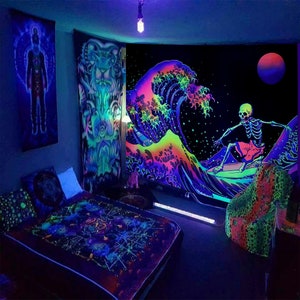 Blacklight Skeleton Tapestry,  Fluorescent Tapestry Wall Hanging, Skeleton Surfs a Wave, Horror, Goth, Trippy Surfing Decor Art Poster
