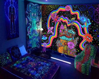 Fluorescent Tapestry, Trippy Mushroom Wall Hanging, Aesthetic Room Decor, Psychedelic UV Blacklight Hippie Tapestry for Living Room, Bedroom