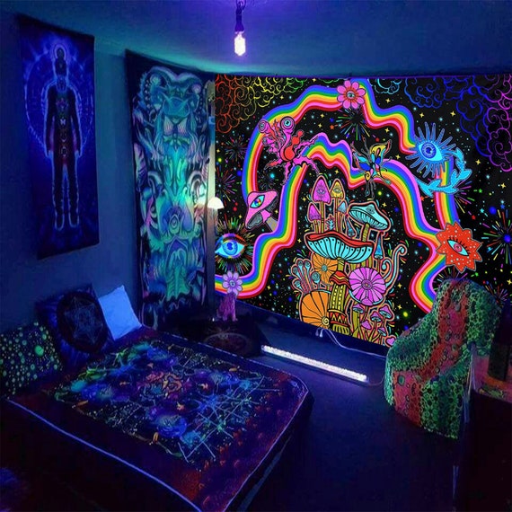 Fluorescent Tapestry, Trippy Mushroom Wall Hanging, Aesthetic Room ...